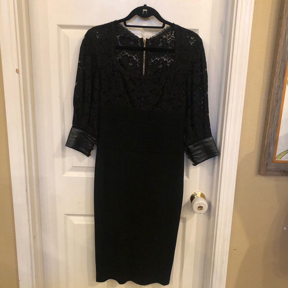 Azadeh Couture black lace and leather dress. Sz 4/6.(C2)